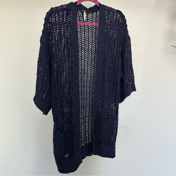 Free People "Gone Fishing" Short Sleeve Cardigan Sweater, Blue/Navy - Picture 2 of 4
